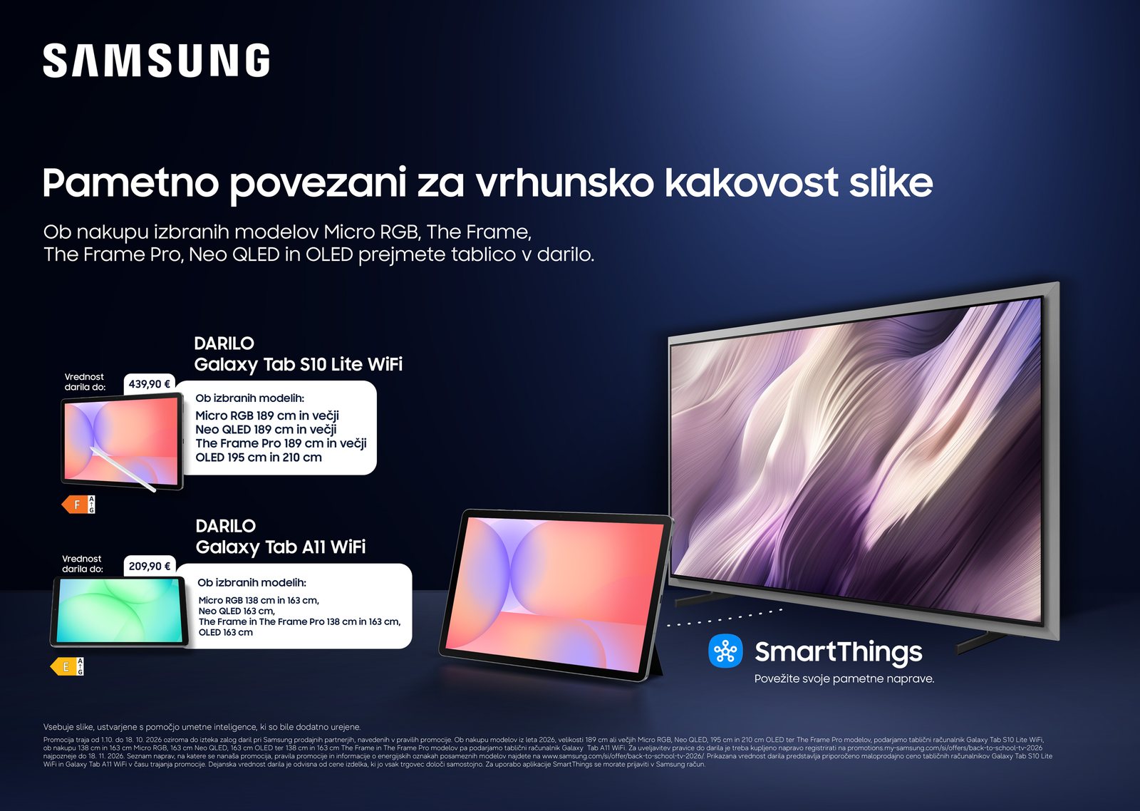 Samsung akcija Nazaj v šolo: ob nakupu izbranih televizorjev Micro RGB, The Frame, The Frame Pro, Neo QLED in OLED prejmete tablico Galaxy Tab S10 Lite ali Tab A11 v dar.